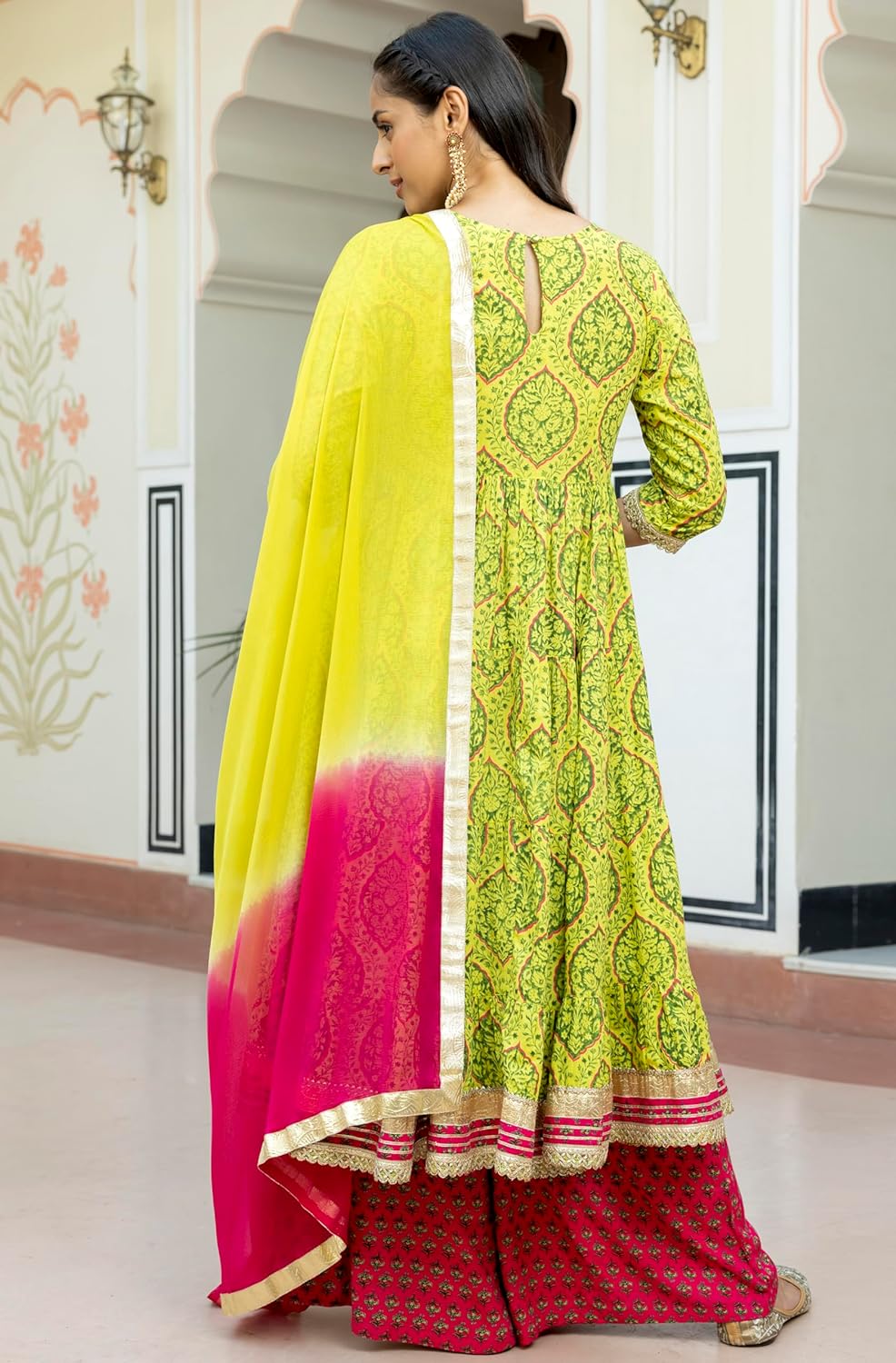 Janasya Women's Lime Green Cotton Embellished Floral Printed Kurta with Flared Palazzo and Dupatta