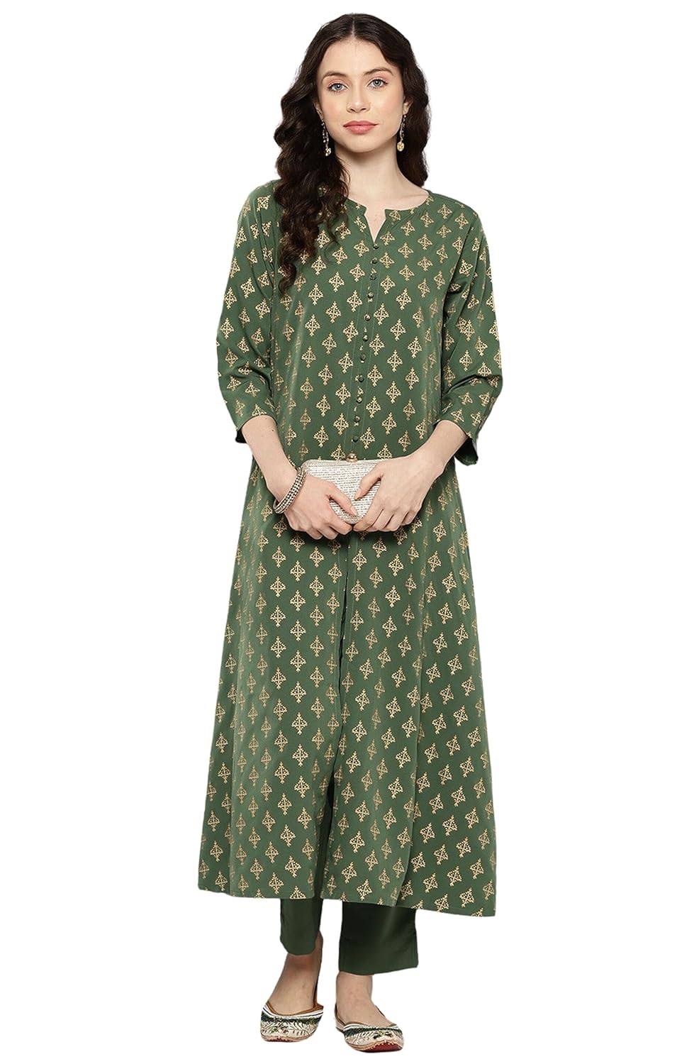 Janasya Women's Green Crepe Foil Printed Kurta with Pant