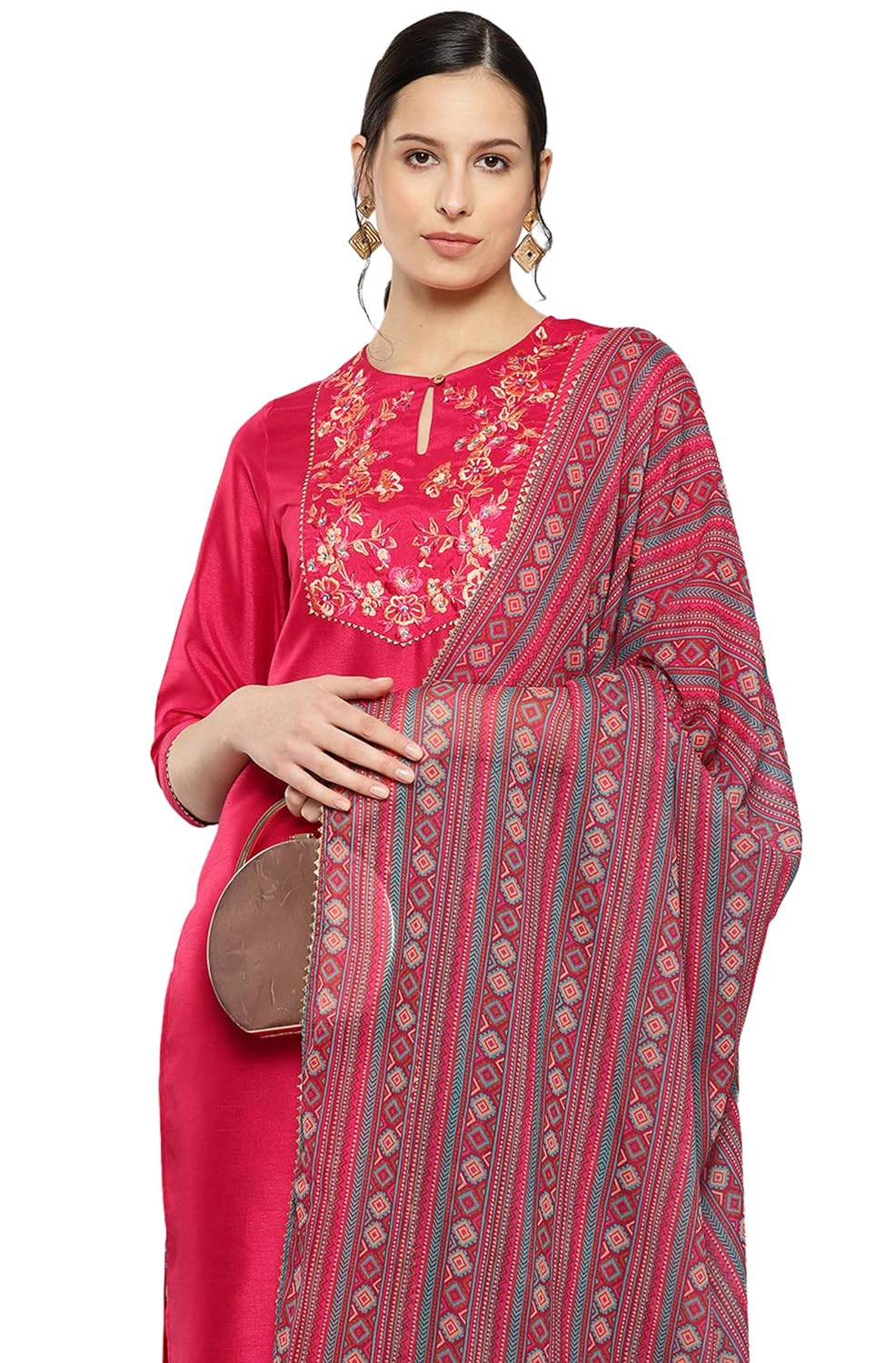 Janasya Women's Pink Crepe Silk Yoke Embroidered Solid Kurta with Pant and Dupatta