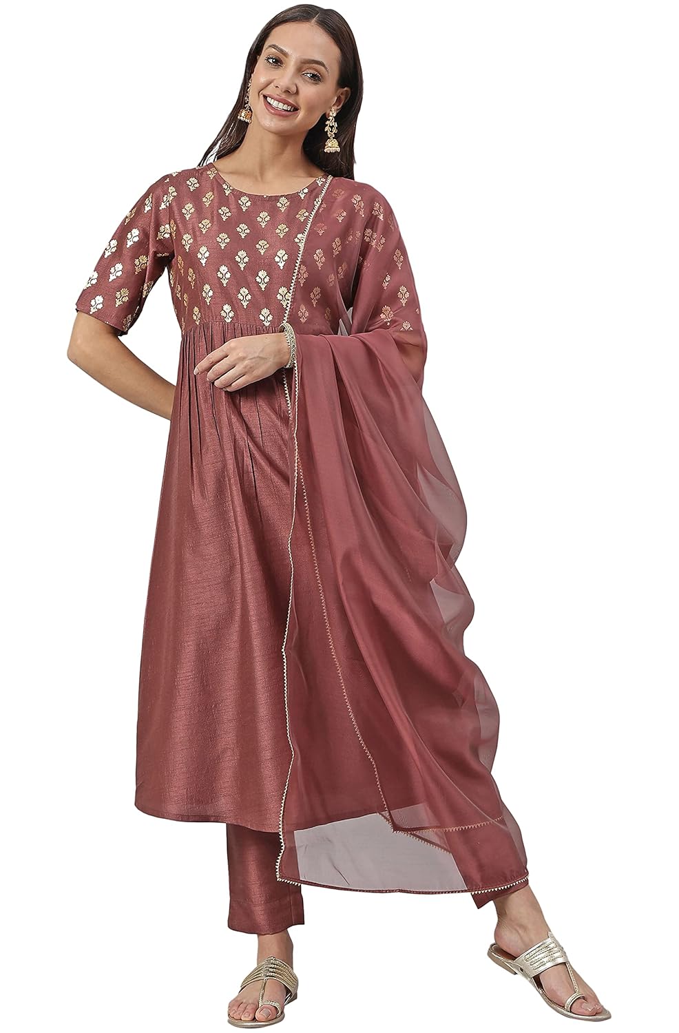 Janasya Women's Brown Poly Silk Foil Print Kurta with Pant and Dupatta