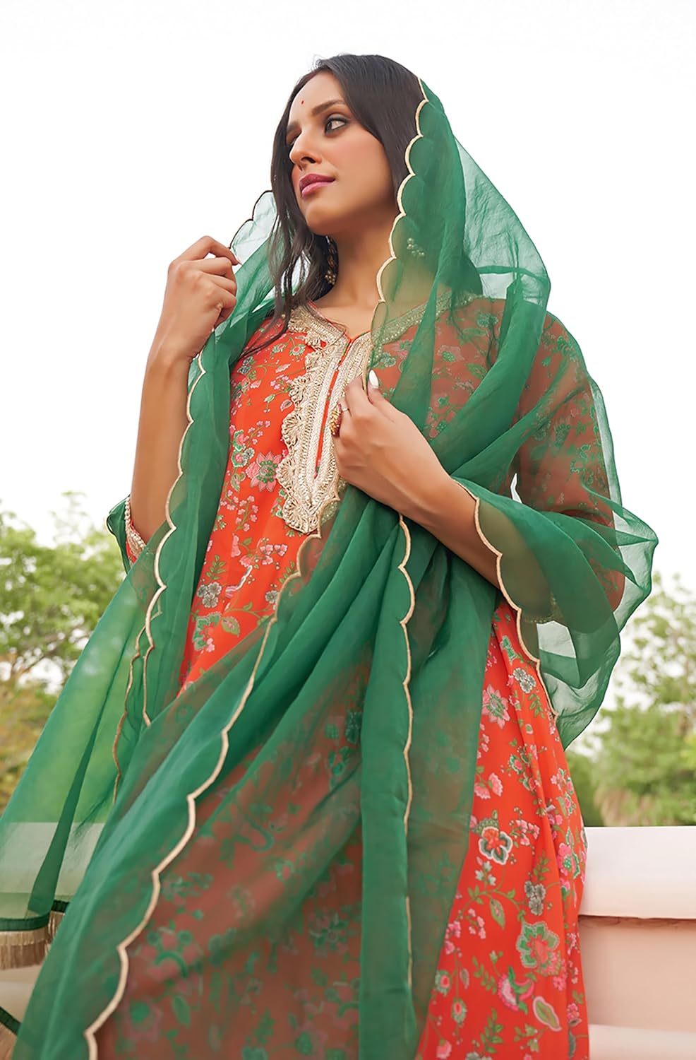 Janasya Women's Orange Georgette Botanical Printed Kurta with Palazzo and Dupatta