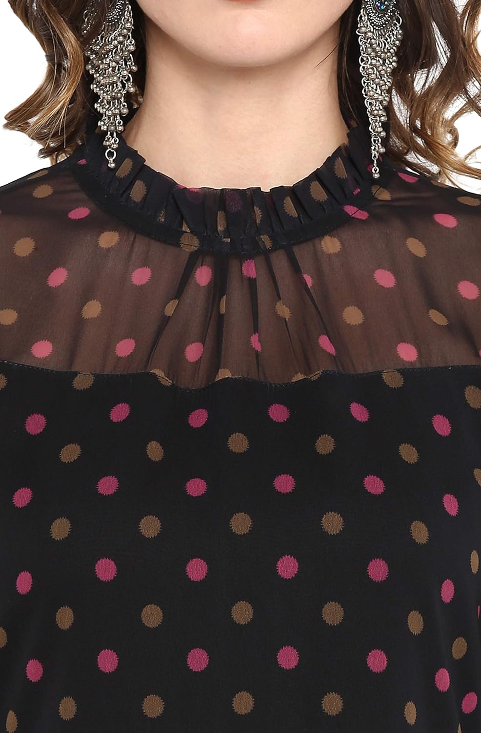 Janasya Women's Black Poly Crepe Polka Print A-line Kurta