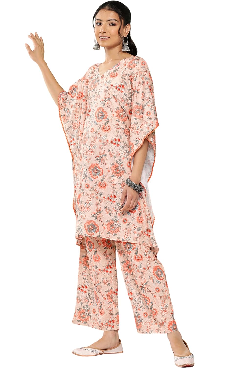 Janasya Women's Peach Crepe Digital Printed Co-ords Set