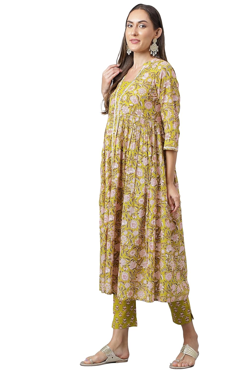 Janasya Women's Green Cotton Floral Printed Kurta with Pant