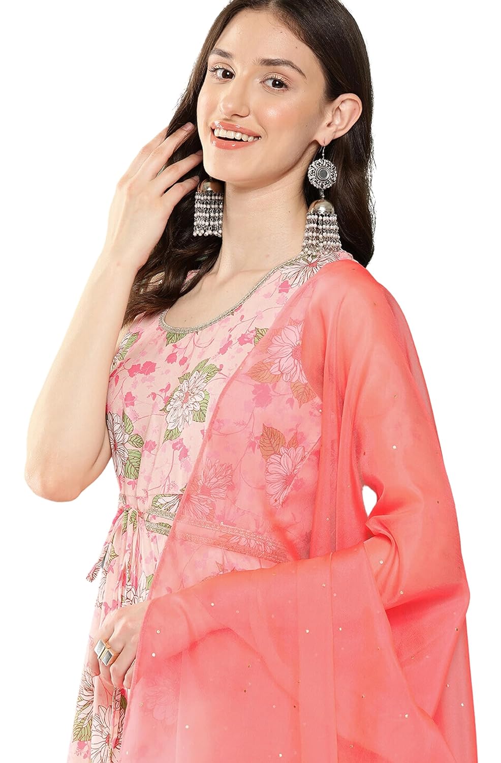 Janasya Women's Peach Moss Digital Floral Printed Kurta with Pant and Dupatta and Waist Tie-Up