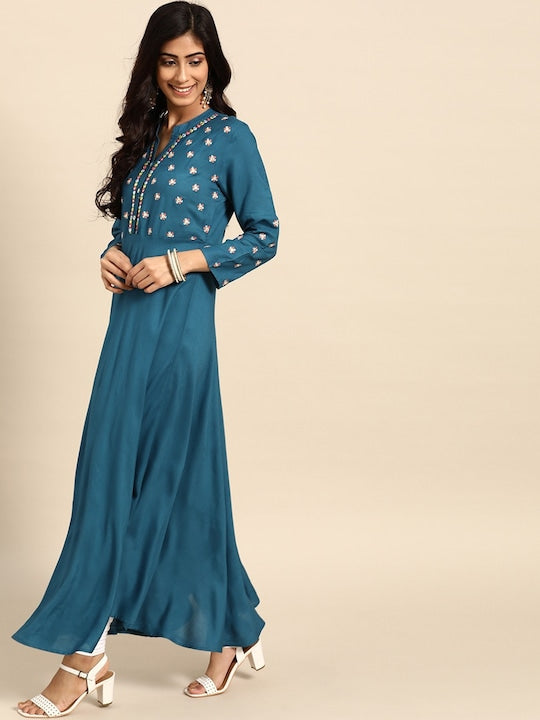 All about you Mandarin Collar Yoke Design Thread Work A-Line Kurta