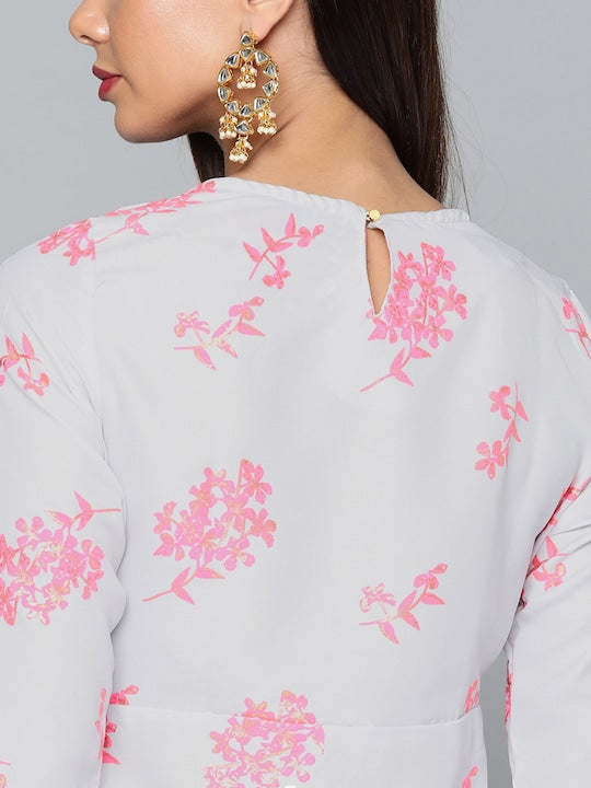 Vishudh Women Pink & White Floral Printed Kurta with Trousers
