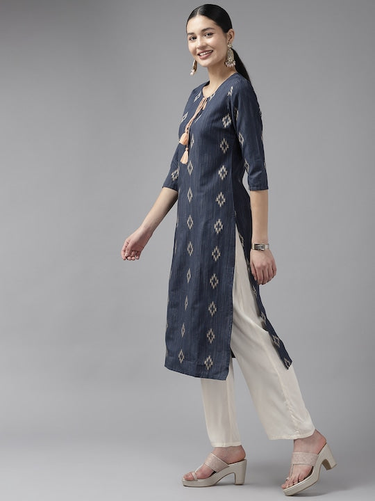 Yufta Women Woven Design Straight Kurta Blue