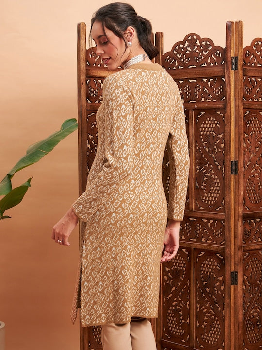 Shae by Sassafras Beige Abstract Self Design Woolen Straight Kurta