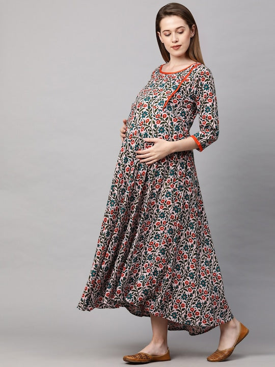 MomToBe Cream-Coloured Orange Ethnic Motifs Maternity Maxi Nursing Dress
