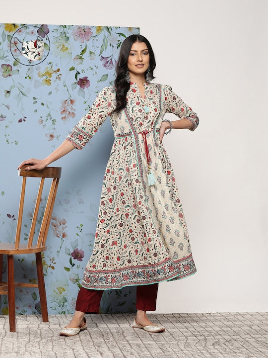 Juniper Floral Printed A-Line Kurta with Tie-Up Detail