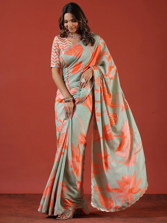 Sangria Sea Green Floral Printed Zari Saree