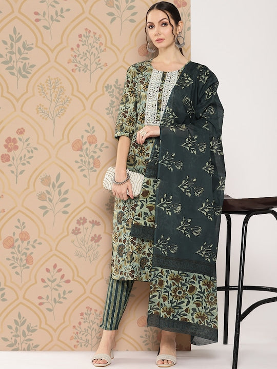 Yufta Women Floral Embroidered Regular Pure With Dupatta Cotton Kurta with Trousers &