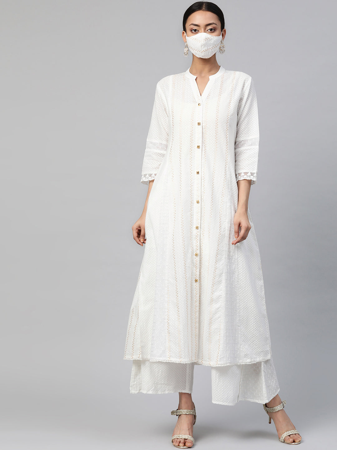 Juniper Women White Beige Dobby Weave Cotton A-Line Kurta Scrunchie
