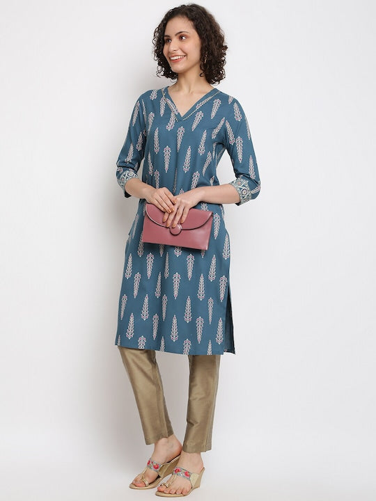 IMARA Ethnic Motifs Printed V-Neck Thread Work Kurta