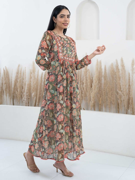 Myshka Floral Printed Lace Inserts Georgette Fit & Flare Ethnic Dress