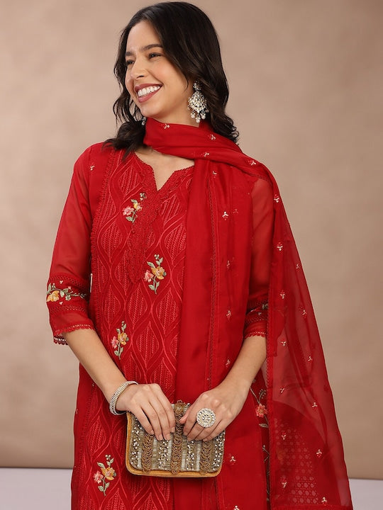 Fabmora Women Embroidered Regular Thread Work Kurta with Trousers & With Dupatta