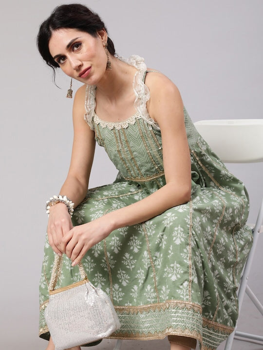 AKS Floral Printed Shoulder Straps Empire Gotta Patti Pure Cotton Kurta