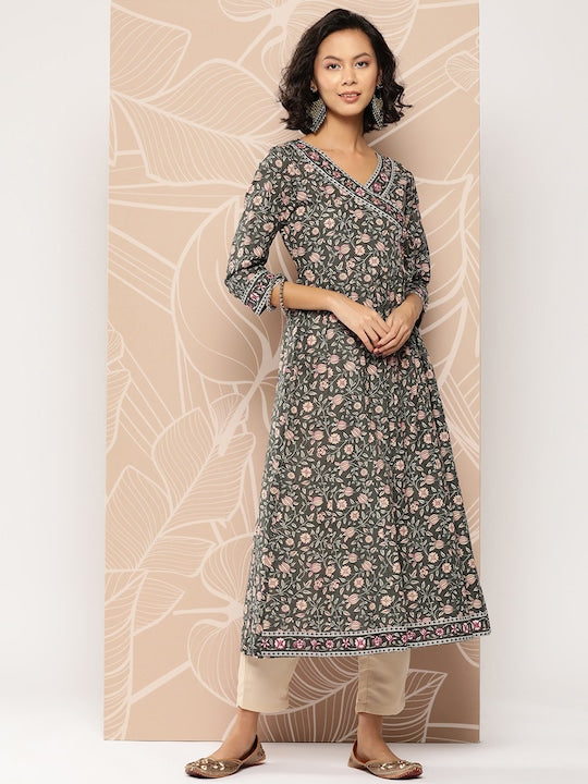 Yufta Floral Printed Anarkali Cotton Kurta