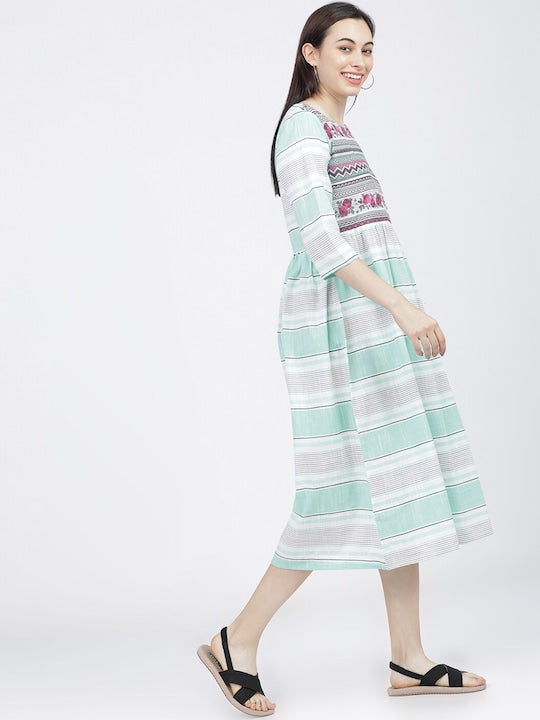 Vishudh Cream-Coloured & Blue Striped A-Line Midi Dress