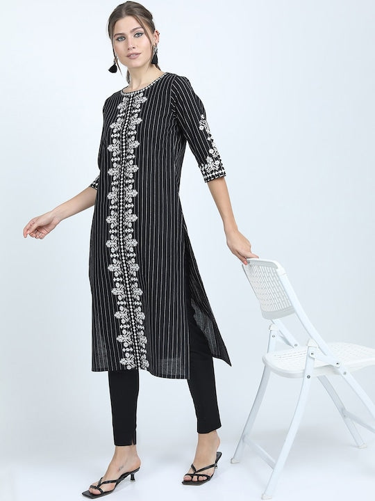 Vishudh Women Black & White Printed Cotton A-line Kurta