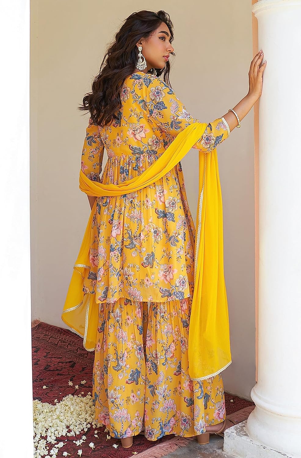 Janasya Women's Georgette Digital Floral Printed Embellished Kurta Set Yellow