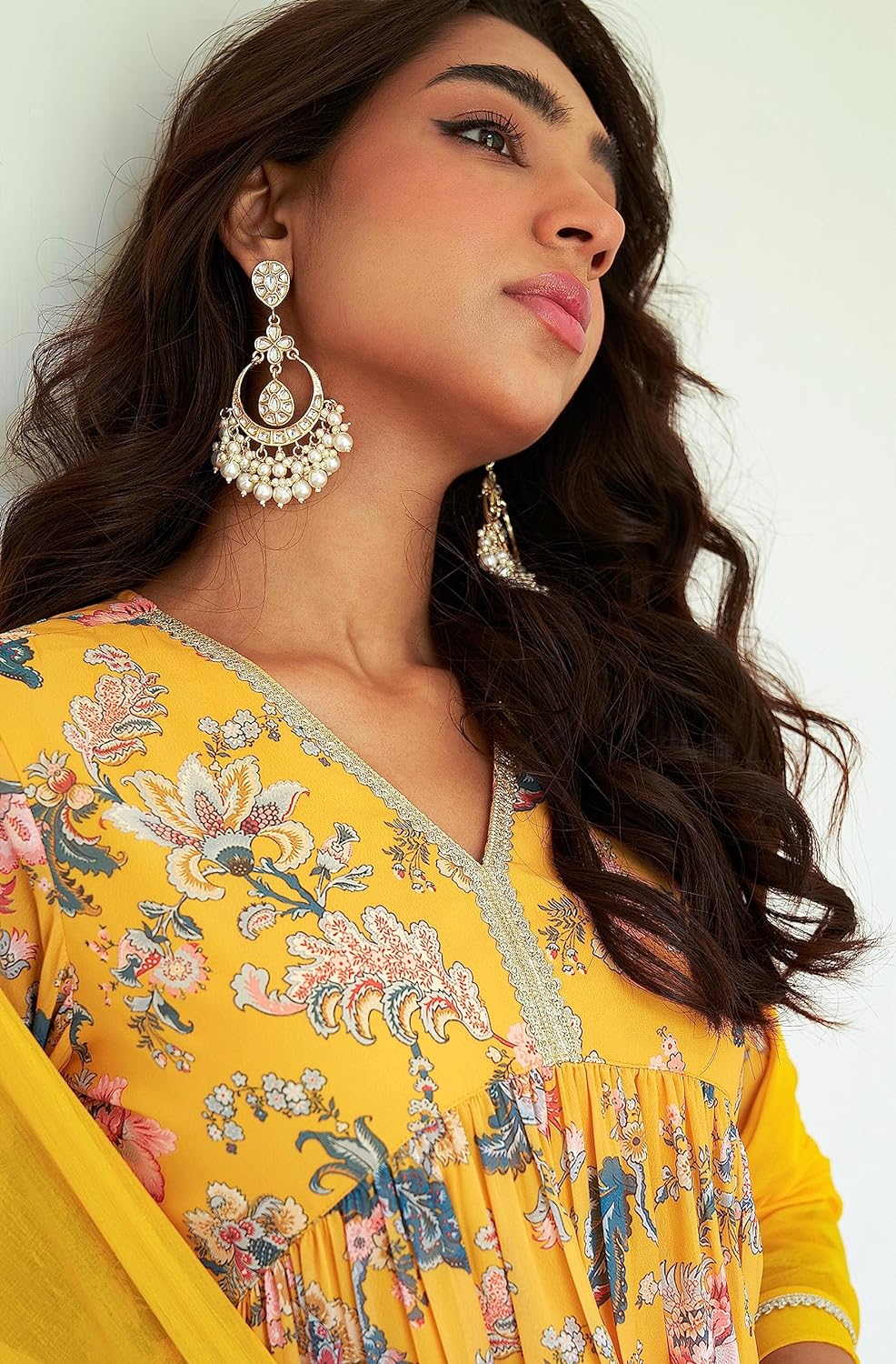 Janasya Women's Georgette Digital Floral Printed Embellished Kurta Set Yellow