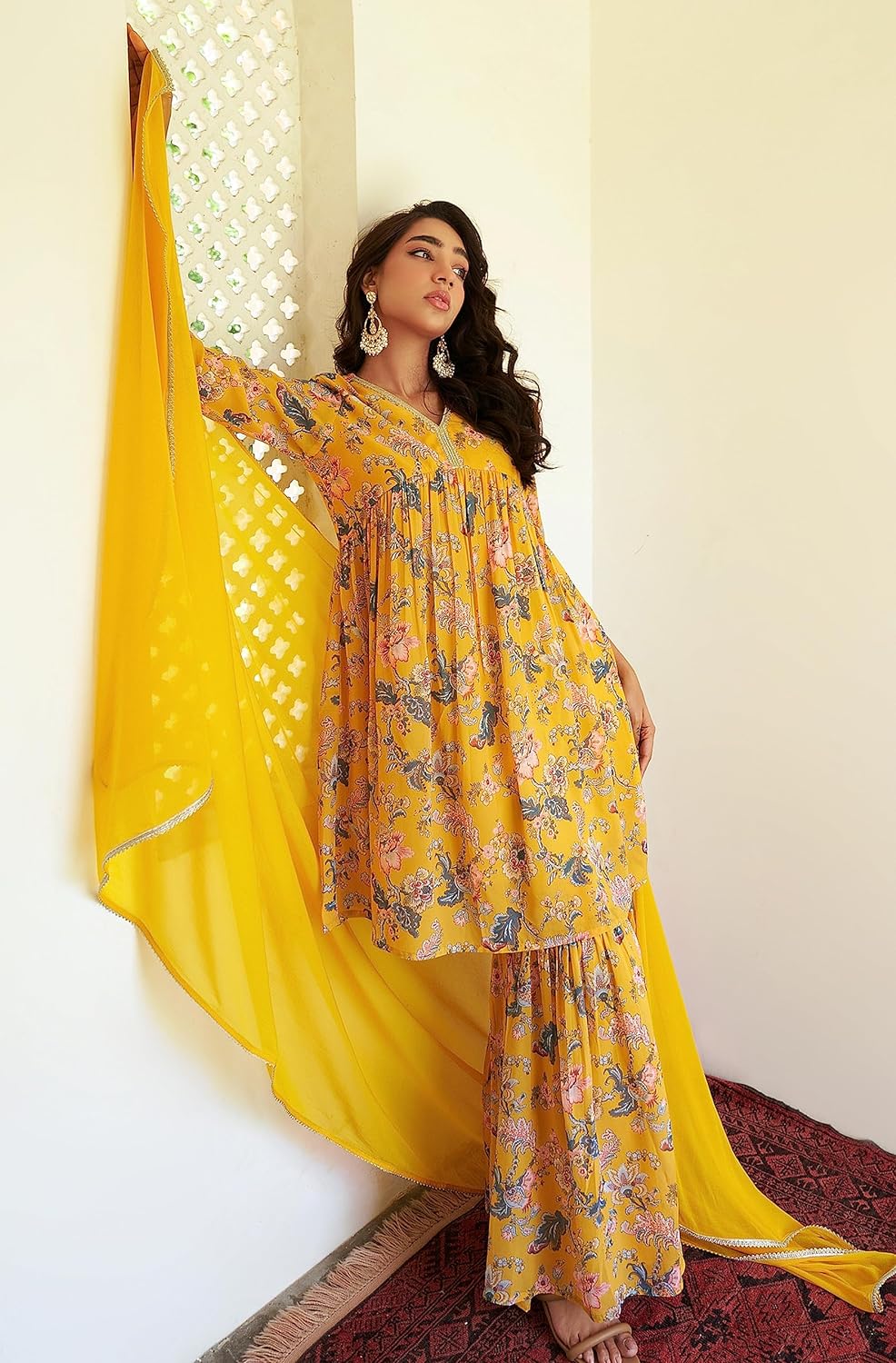 Janasya Women's Georgette Digital Floral Printed Embellished Kurta Set Yellow