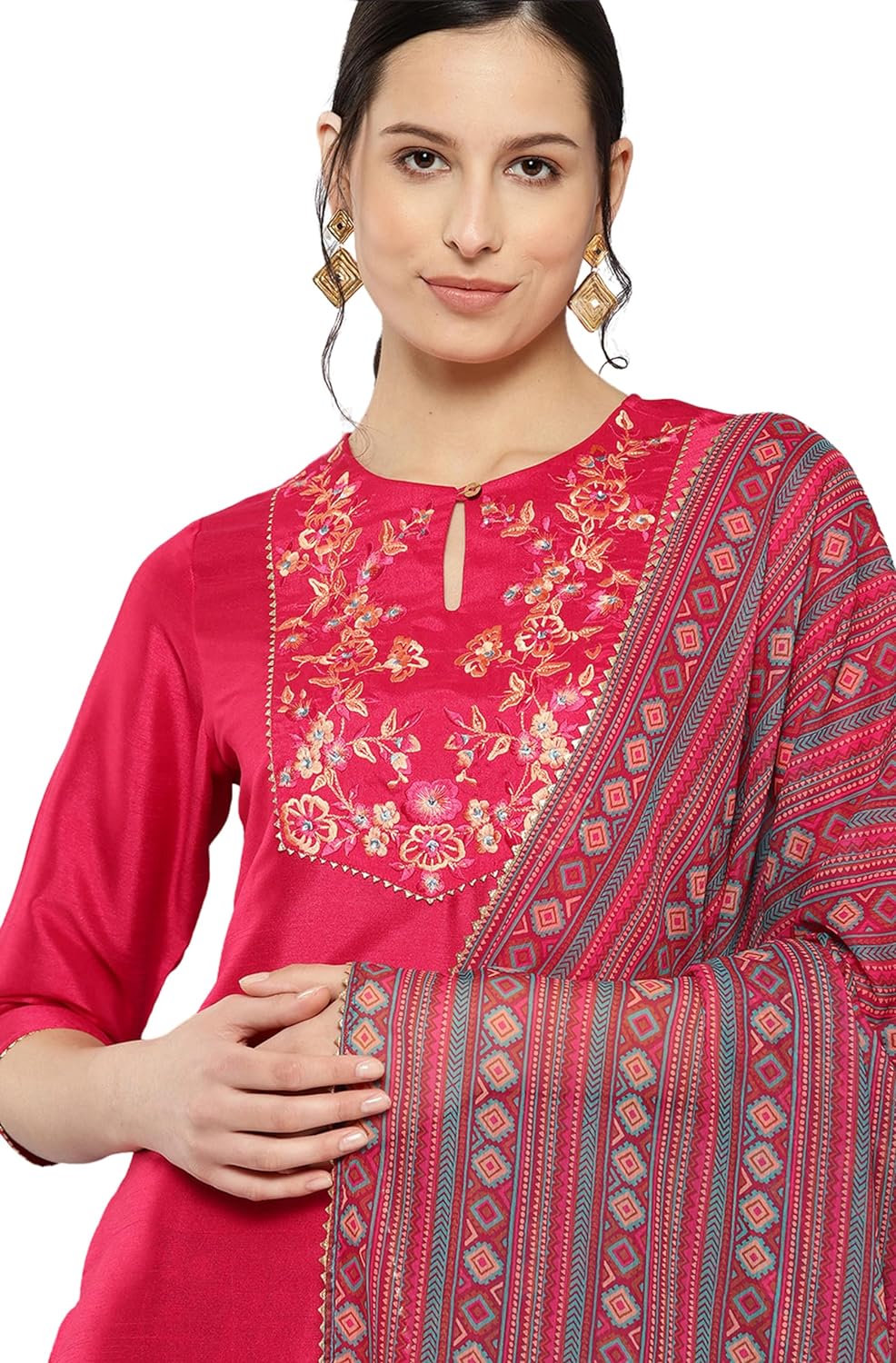 Janasya Women's Pink Crepe Silk Yoke Embroidered Solid Kurta with Pant and Dupatta