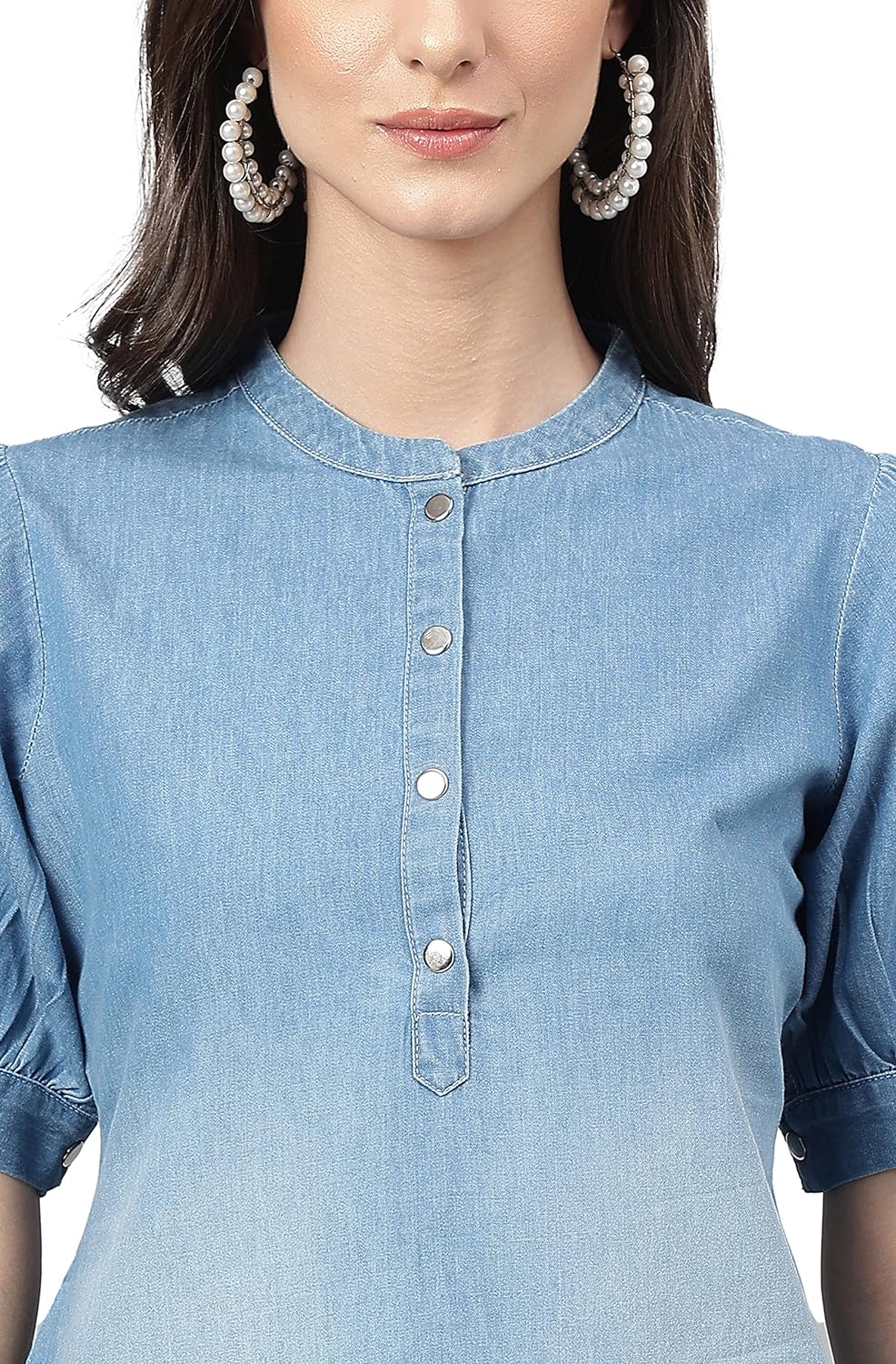 Janasya Women's Light Blue Denim Solid High Low Kurta