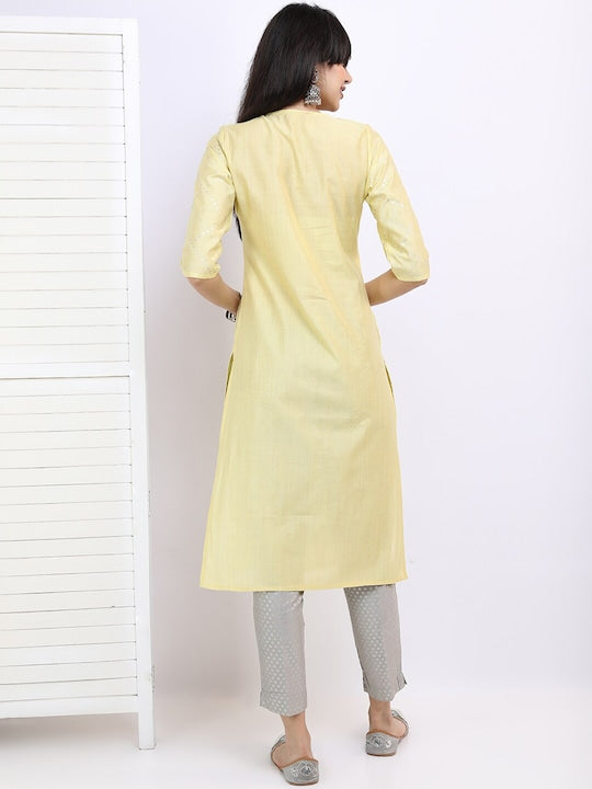 Vishudh Women Yellow & Silver-Toned Printed Keyhole Neck Straight Kurta