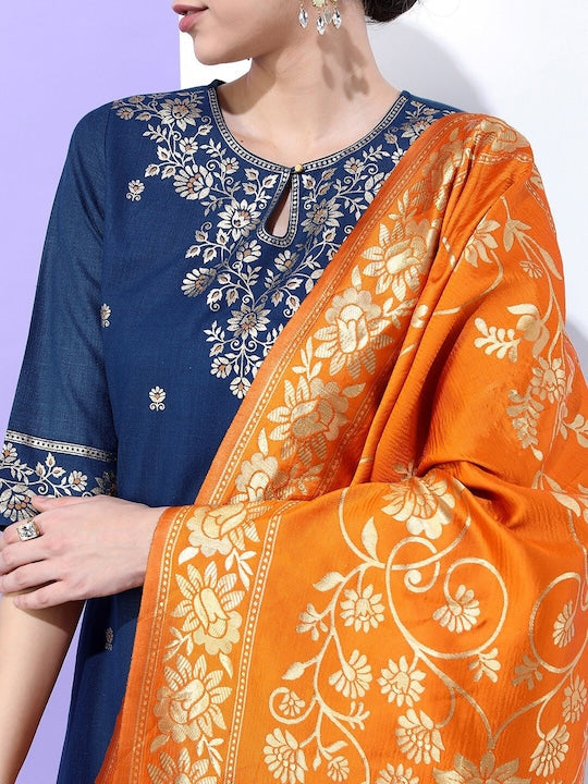 Vishudh Women Teal Floral Printed Kurta with Trousers & With Dupatta