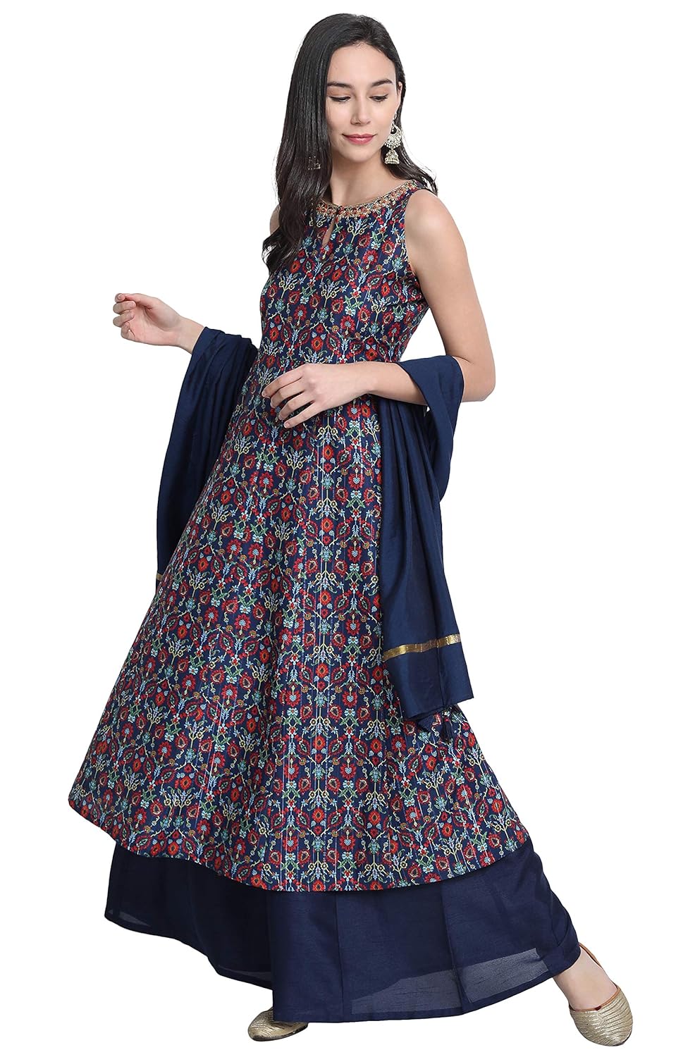 Janasya Women's Blue Poly Muslin Embroidered Kurta with Palazzo and Dupatta