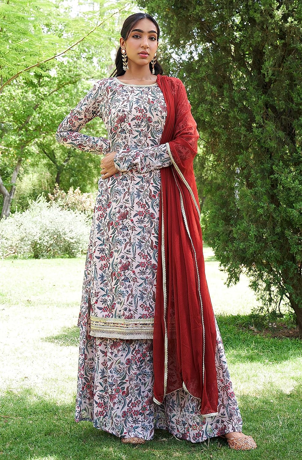 Janasya Women's Georgette Digital Floral Printed Embellished Kurta Set Beige