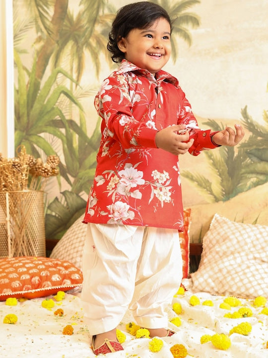 Vastramay Sishu Boys Floral Printed Shirt Collar Regular Kurta with Patiala