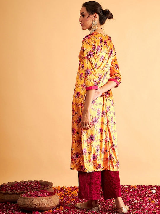 Shae by Sassafras Orange Floral Printed Velvet Anarkali Kurta