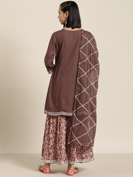 Here&now Mirror-Work Angrakha Gotta Patti Kurta with Sharara & Dupatta