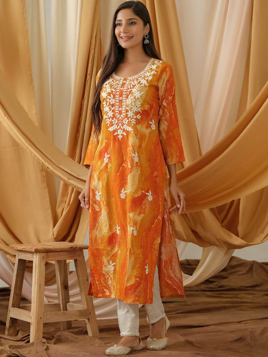 Sangria Abstract Printed Round Neck Straight Kurta
