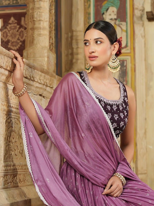 Scakhi Purple & Black Embroidered Foil Print Lehenga Choli With Dupatta