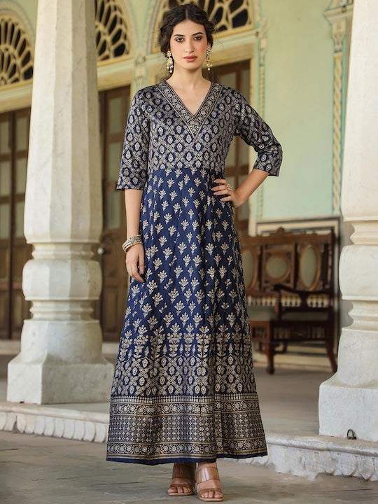 Scakhi Ethnic Motifs Printed Fit & Flared Maxi Ethnic Dress With Dupatta