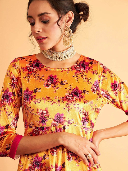 Shae by Sassafras Orange Floral Printed Velvet Anarkali Kurta