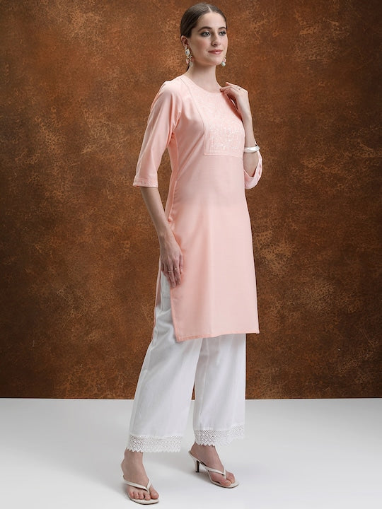 Vishudh Peach-Coloured Floral Yoke Design Embroidered Straight Kurta