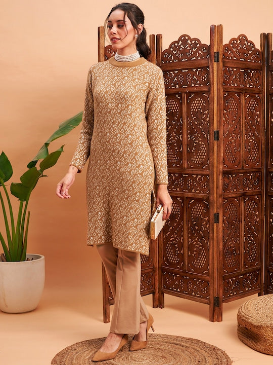 Shae by Sassafras Beige Abstract Self Design Woolen Straight Kurta