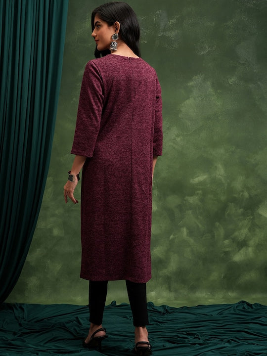 Vishudh Maroon Abstract Printed Mukaish Straight Kurta