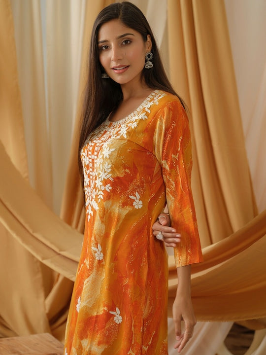 Sangria Abstract Printed Round Neck Straight Kurta