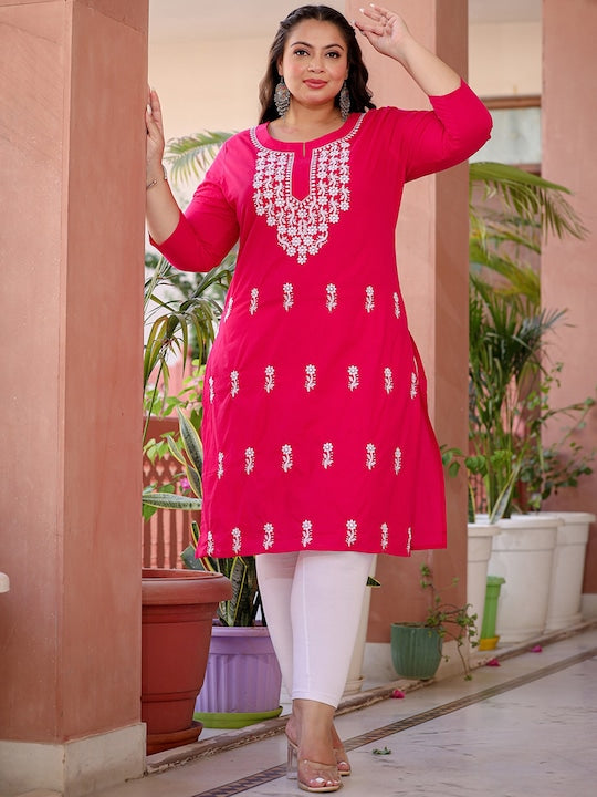 Yufta Plus Size Floral Embroidered Chikankari Pure Cotton Kurta