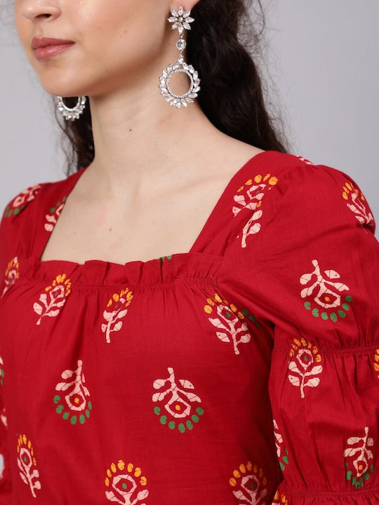 AKS Ethnic Motifs Printed Square Neck Puff Sleeves Cotton Kurta