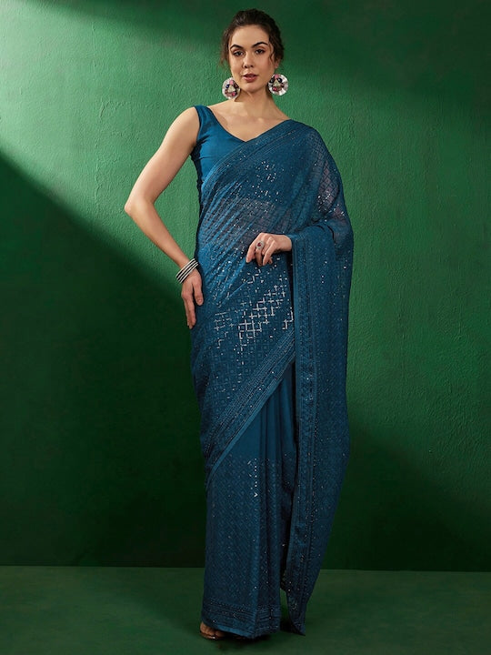 Sangria Ethnic Motifs Embellished Pure Georgette Beads and Stones Sarees