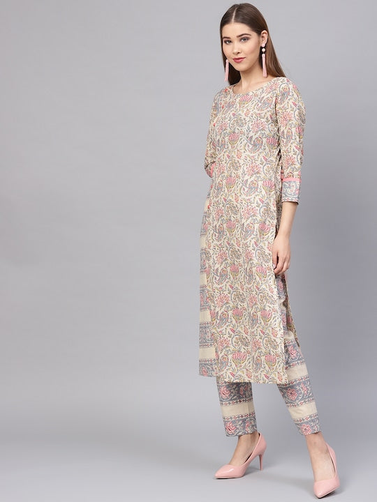 Yufta Women Beige & Grey Printed Kurta with Trousers