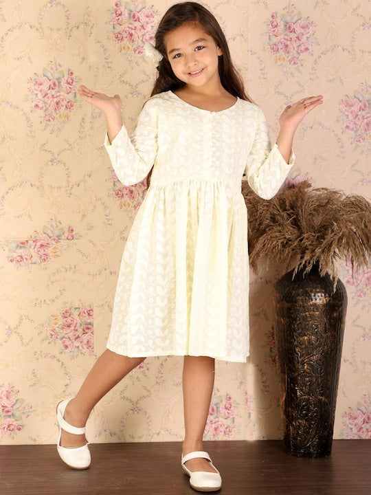 Vastramay Girls Yellow Embroidered Chikankari Ethnic Dress